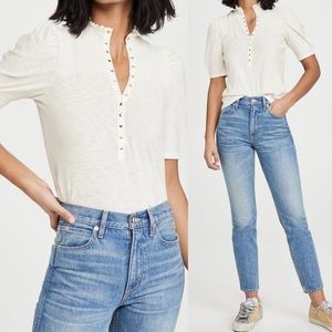 Nation LTD Pietra High Neck Smocked Snap Button Tee Short Sleeve Top